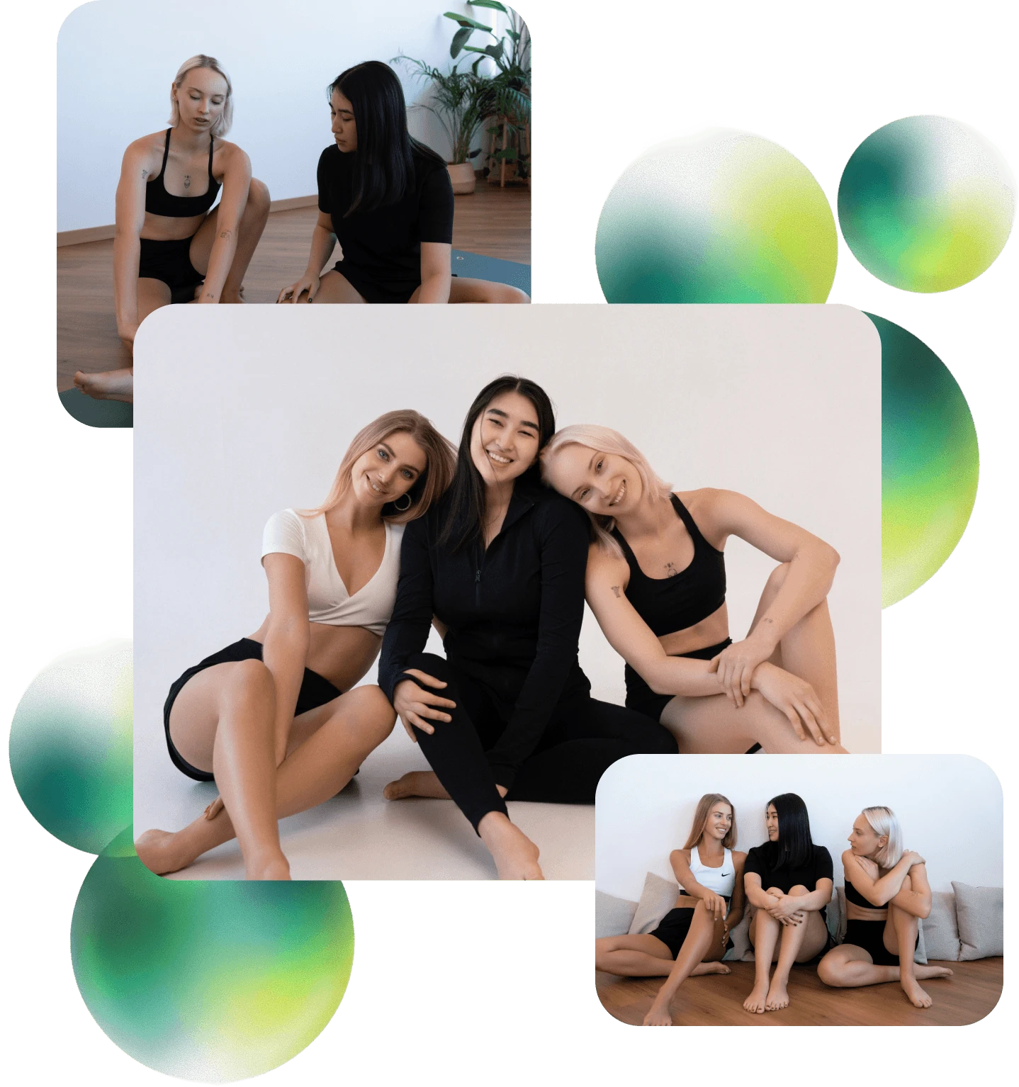 Three people from the studio sitting together on the floor after a class.