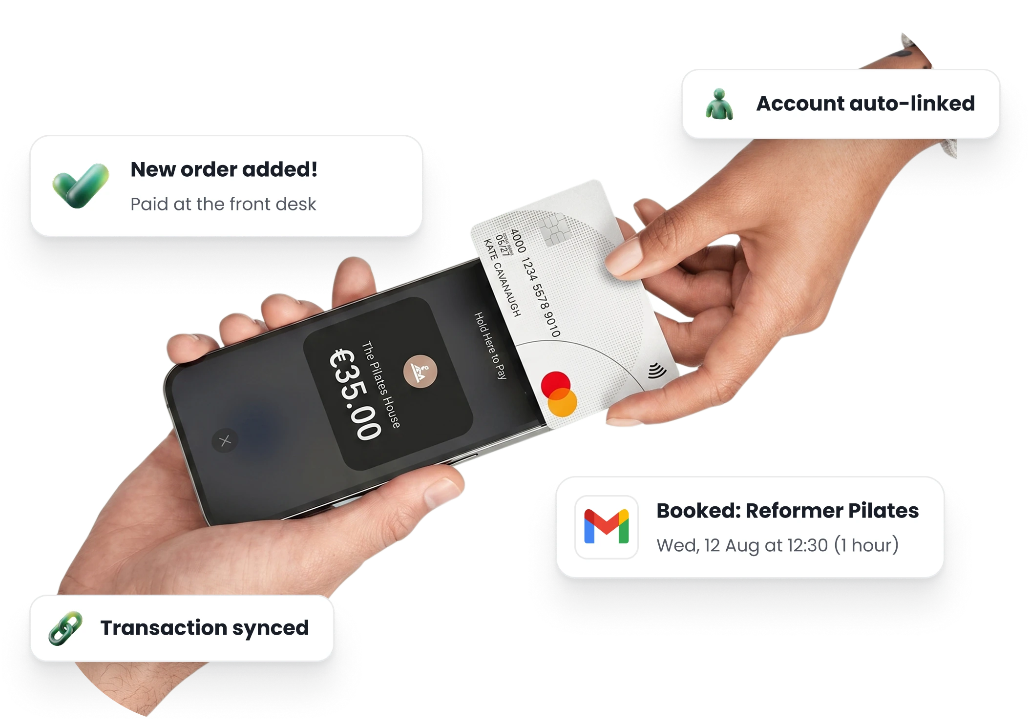 A card held to a phone with Tap to Pay, the order added as paid at the desk, the account linked, the transaction synced, and the booking confirmation email that followed.
