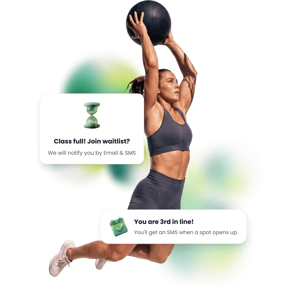 A woman throwing a ball, next to a card for a full class and a card saying she is third in line.
