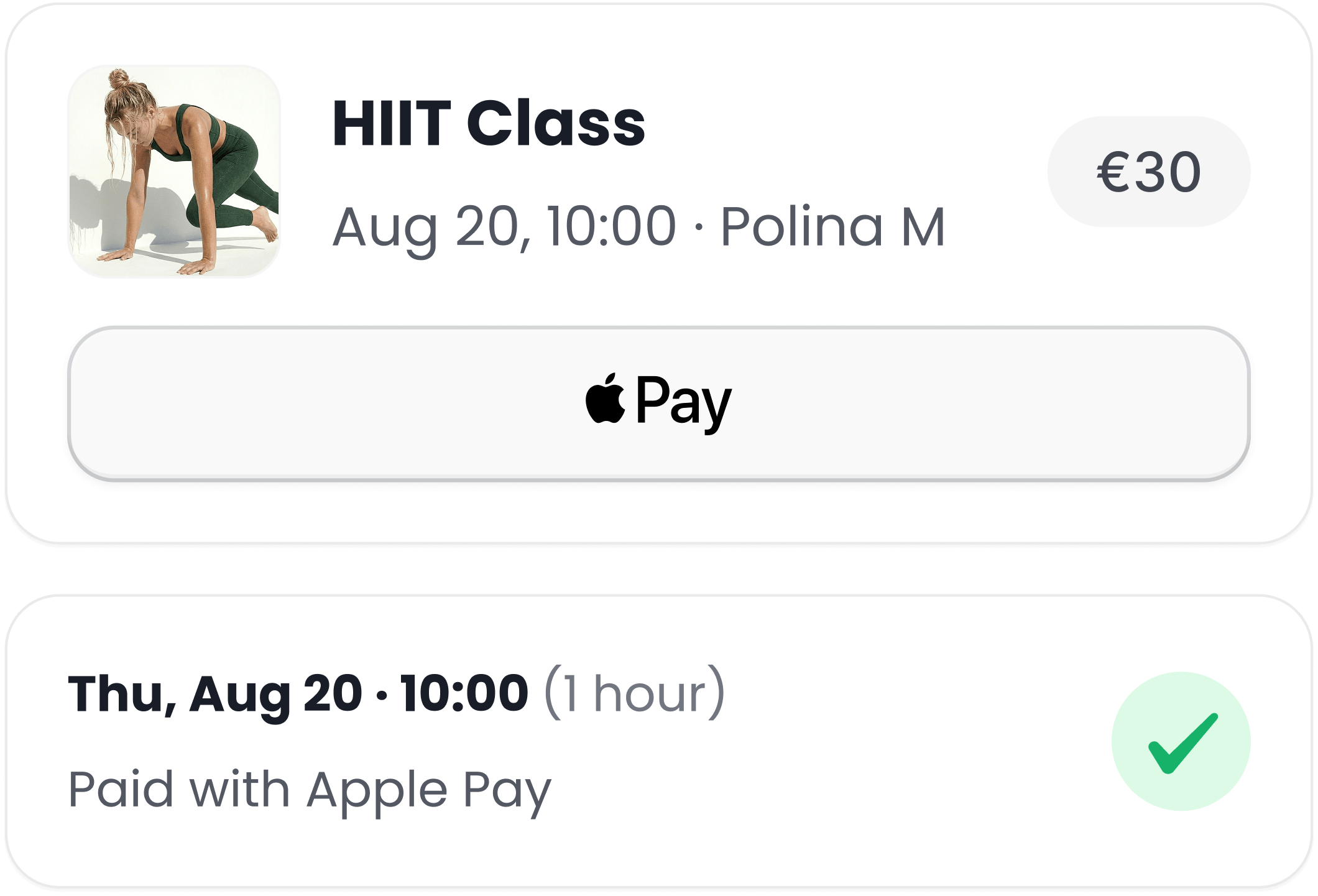 A drop-in class checkout paying with Apple Pay, and the booking confirmed as paid.