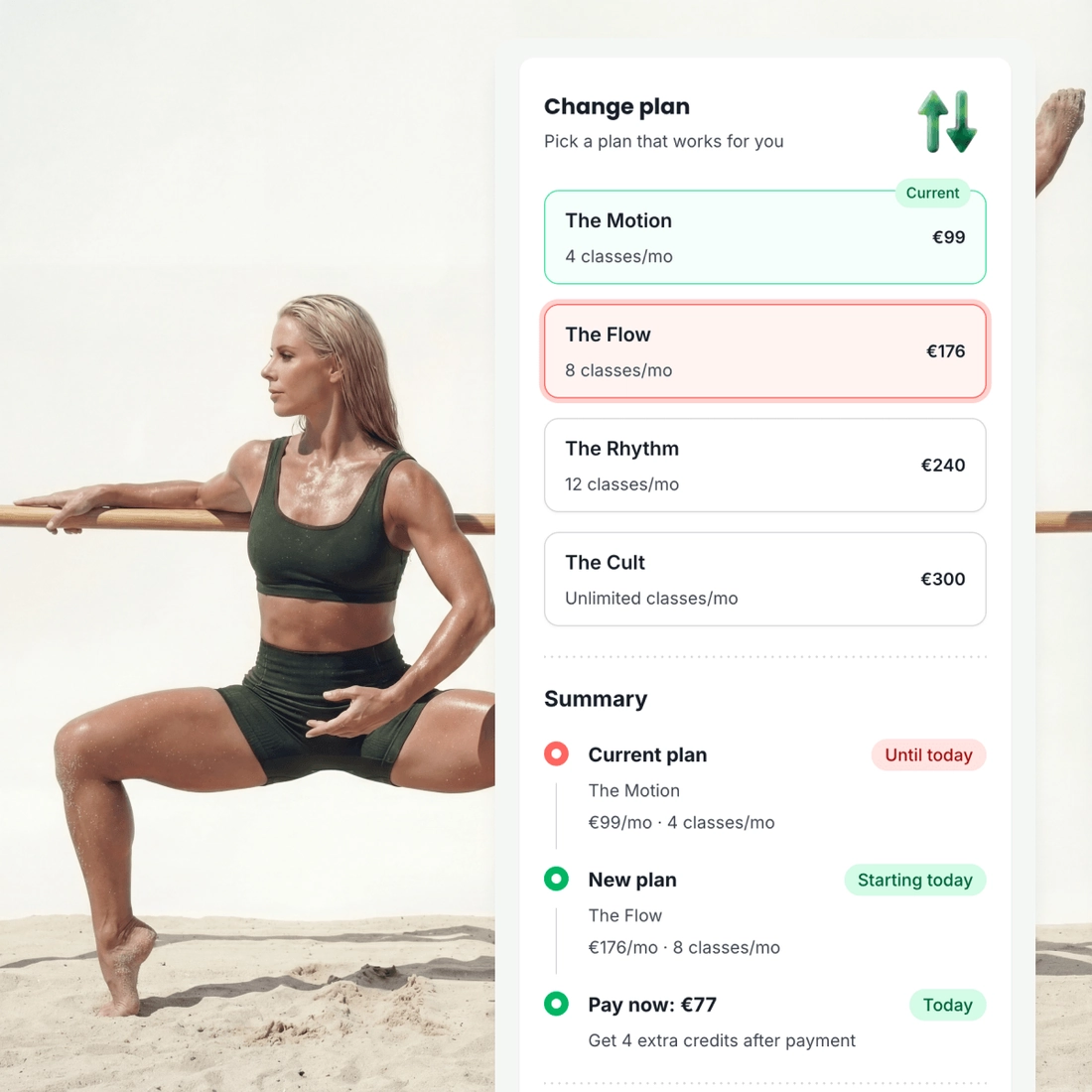A woman in a wide squat at the barre, beside four plans with a class limit on each and what a customer pays today to move up to a bigger one.