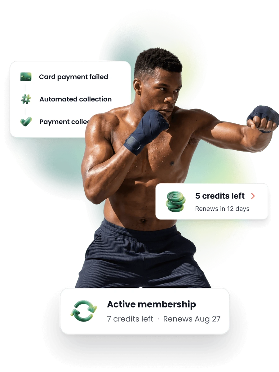 A boxer mid-punch, with a membership renewing beside him, the credits left on it, and a failed card collected on the second attempt.