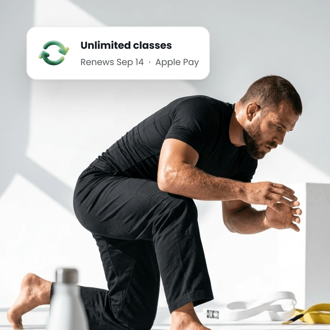A boxer between rounds, beside a membership with no class limit and the date it renews itself.