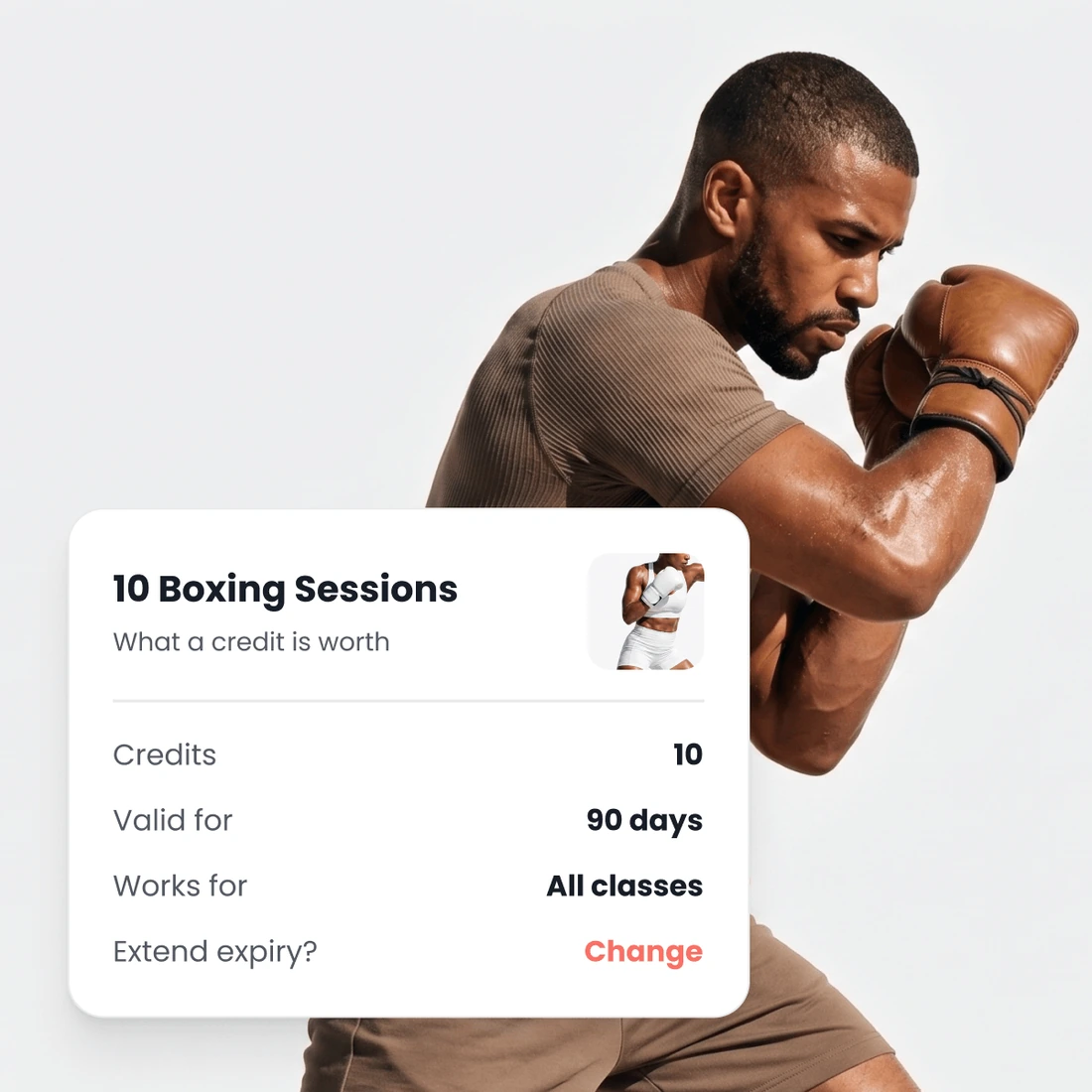 A boxer working a combination, beside a ten class pack showing the credits on it, how long they last and which classes they cover.