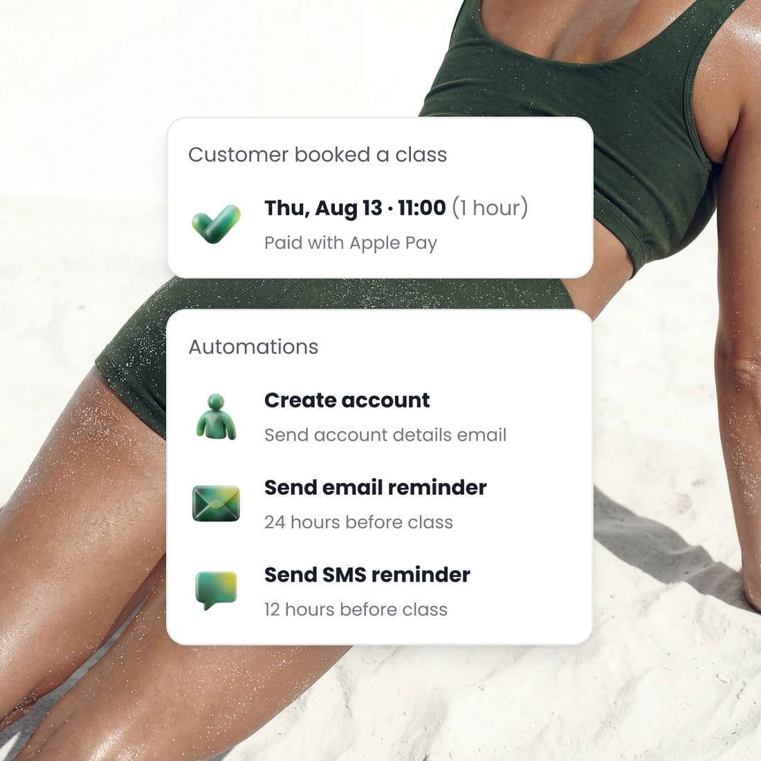 A paid class booking, with the account creation, email reminder and SMS reminder that run after it.
