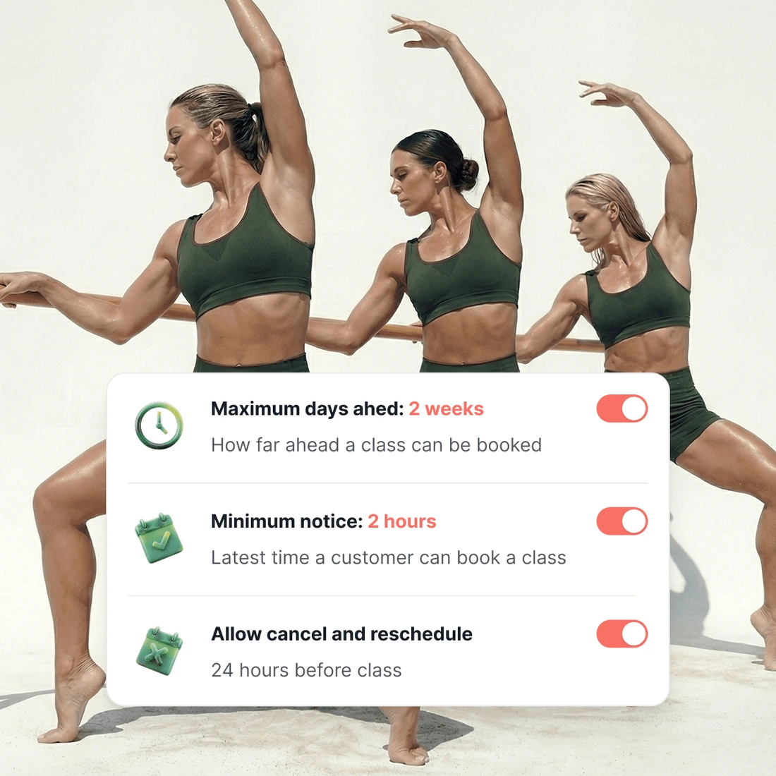 The three booking windows as switches: how far ahead a class can be booked, the latest somebody can book, and the latest they can change or cancel.