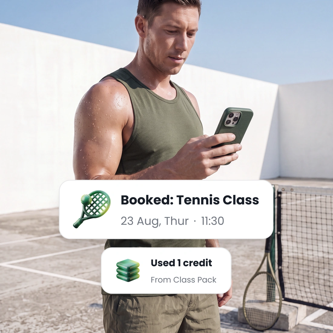 A booking confirmation on a phone, showing the class and its time, and that it took one credit from a class pack.