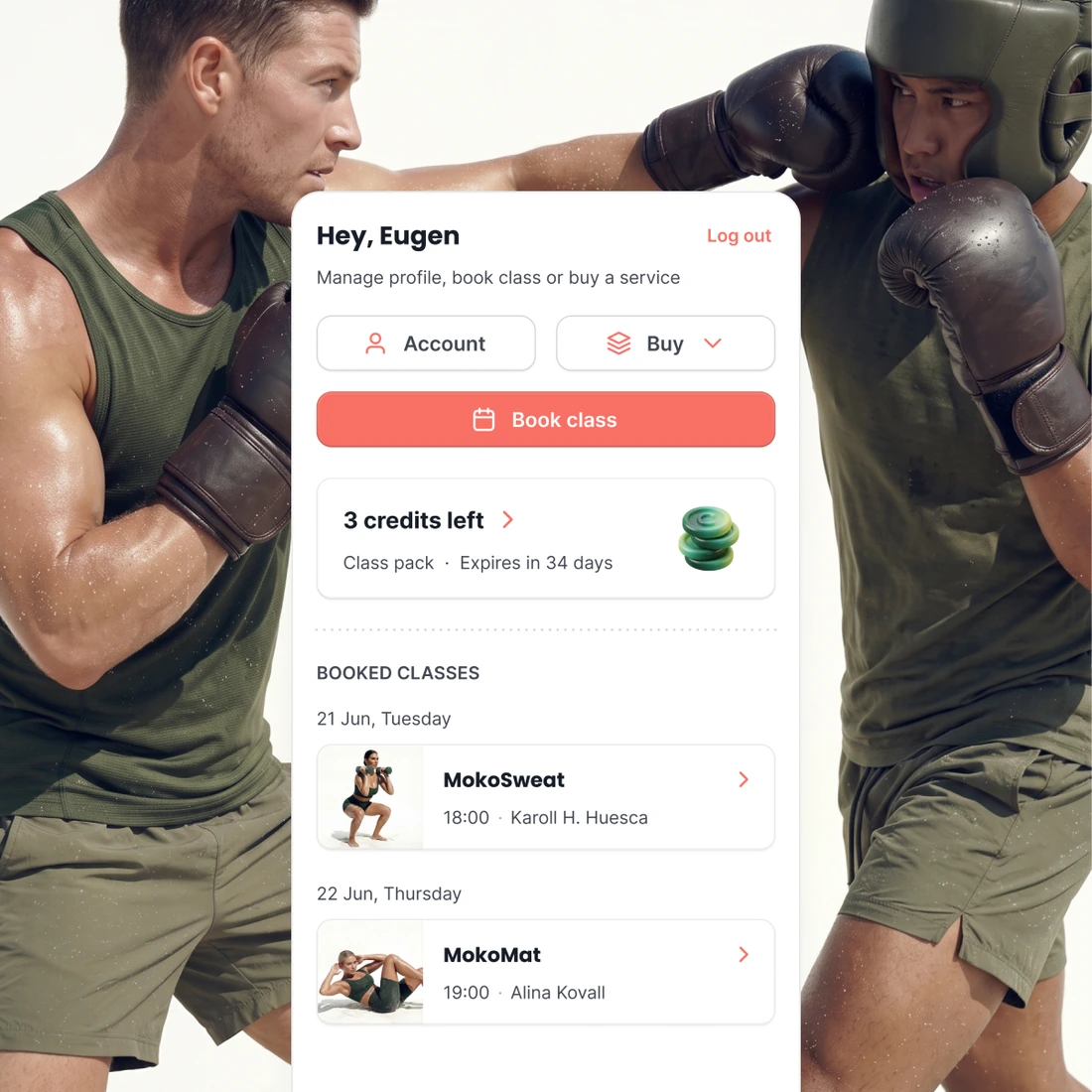 A customer’s own page, with buttons to open their account, buy a pack and book a class, the credits left on their pack, and the classes they have booked.
