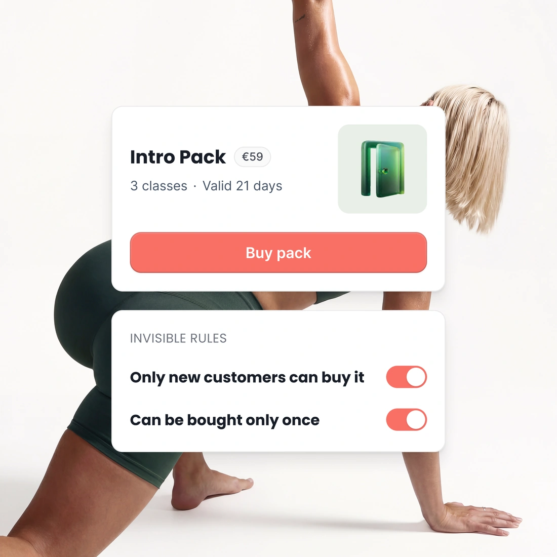 An intro pack card over a photo of a class, showing its price, three classes, the days it is valid for and a buy button.