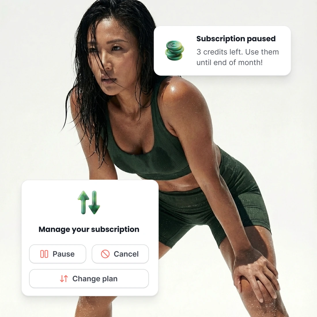 A member who has paused her own membership, told how many credits are left and until when, with the buttons to pause, cancel or change her plan.