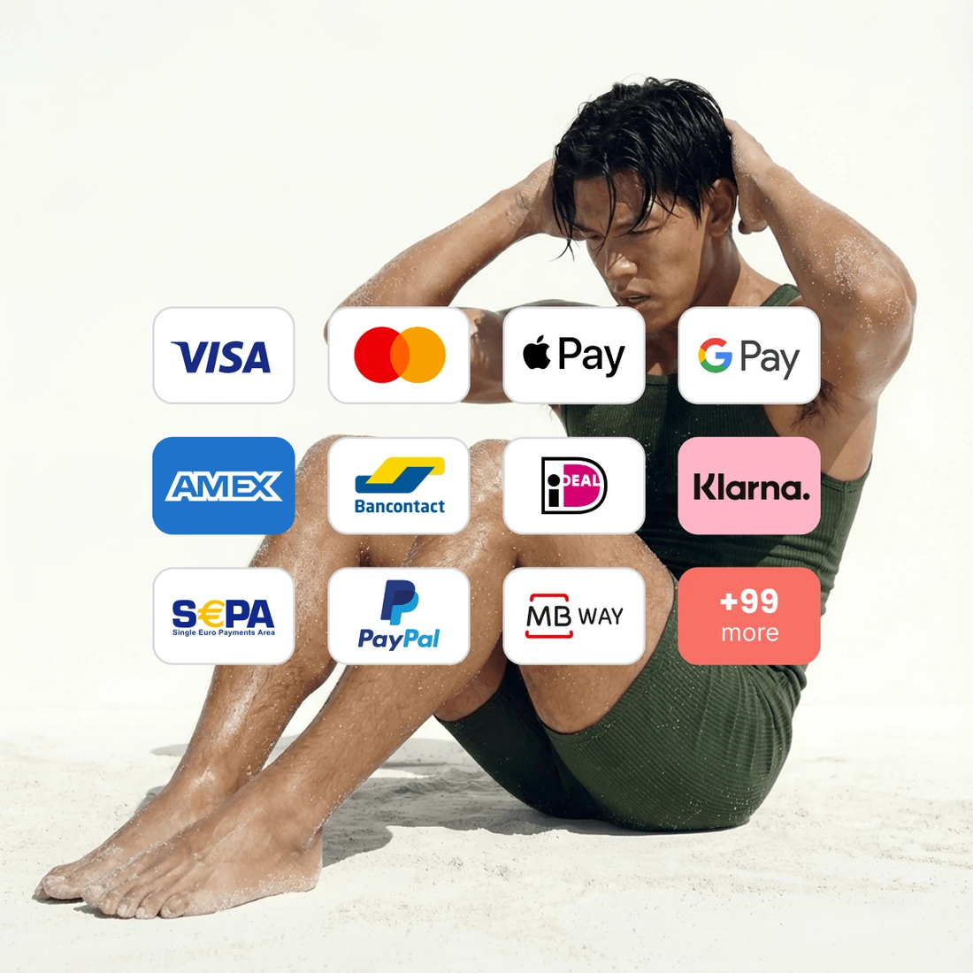 Payment method logos over a photo of somebody stretching: Visa, Mastercard, Apple Pay, Google Pay, American Express, Bancontact, iDEAL, Klarna, SEPA, PayPal and MB WAY.