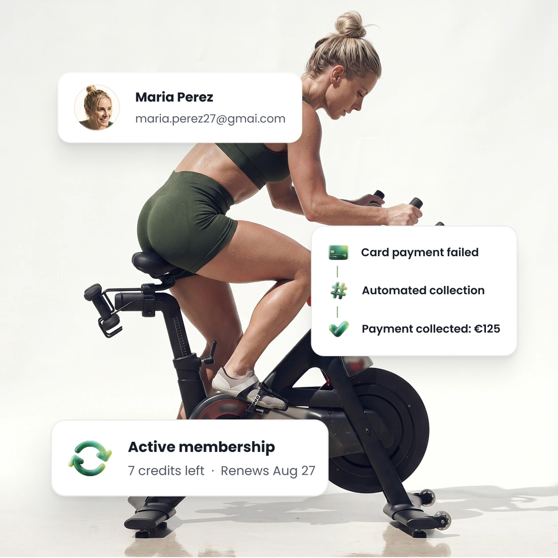 A member’s failed card payment going through an automated collection and being collected, with their membership still active underneath and its renewal date.