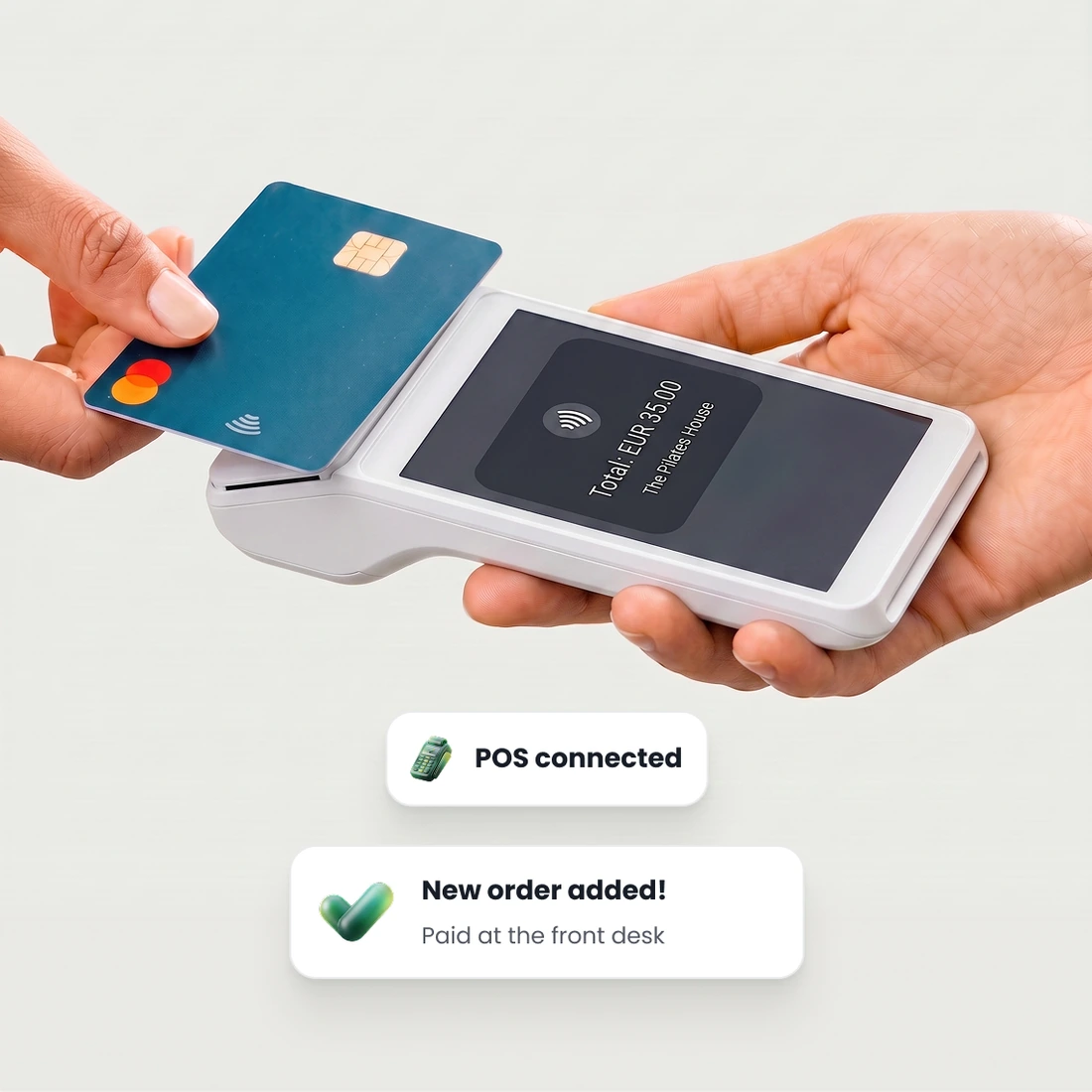 A customer tapping their card on the studio’s Stripe reader, with the reader connected and the order added as paid at the desk.