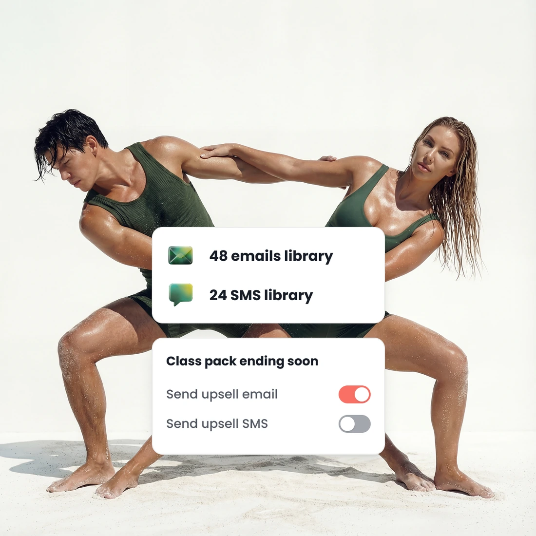 The email and SMS template libraries, and the switches that send an upsell email or SMS when a class pack is ending soon.