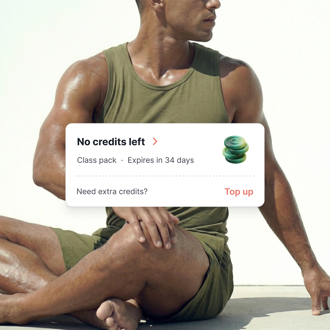 A class pack with no credits left and days still on its expiry, with an offer to top up under it.