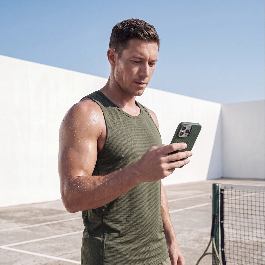 A customer on a tennis court reading the low credits email, and the class pack renewal made with the discount code it carried.