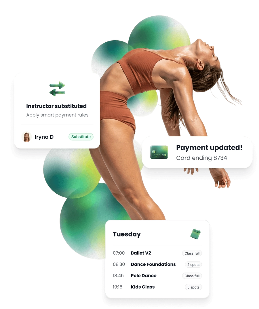A dancer bending backwards, with a teacher covering a class beside her, a card updated on file, and the day of classes with the spots left on each.