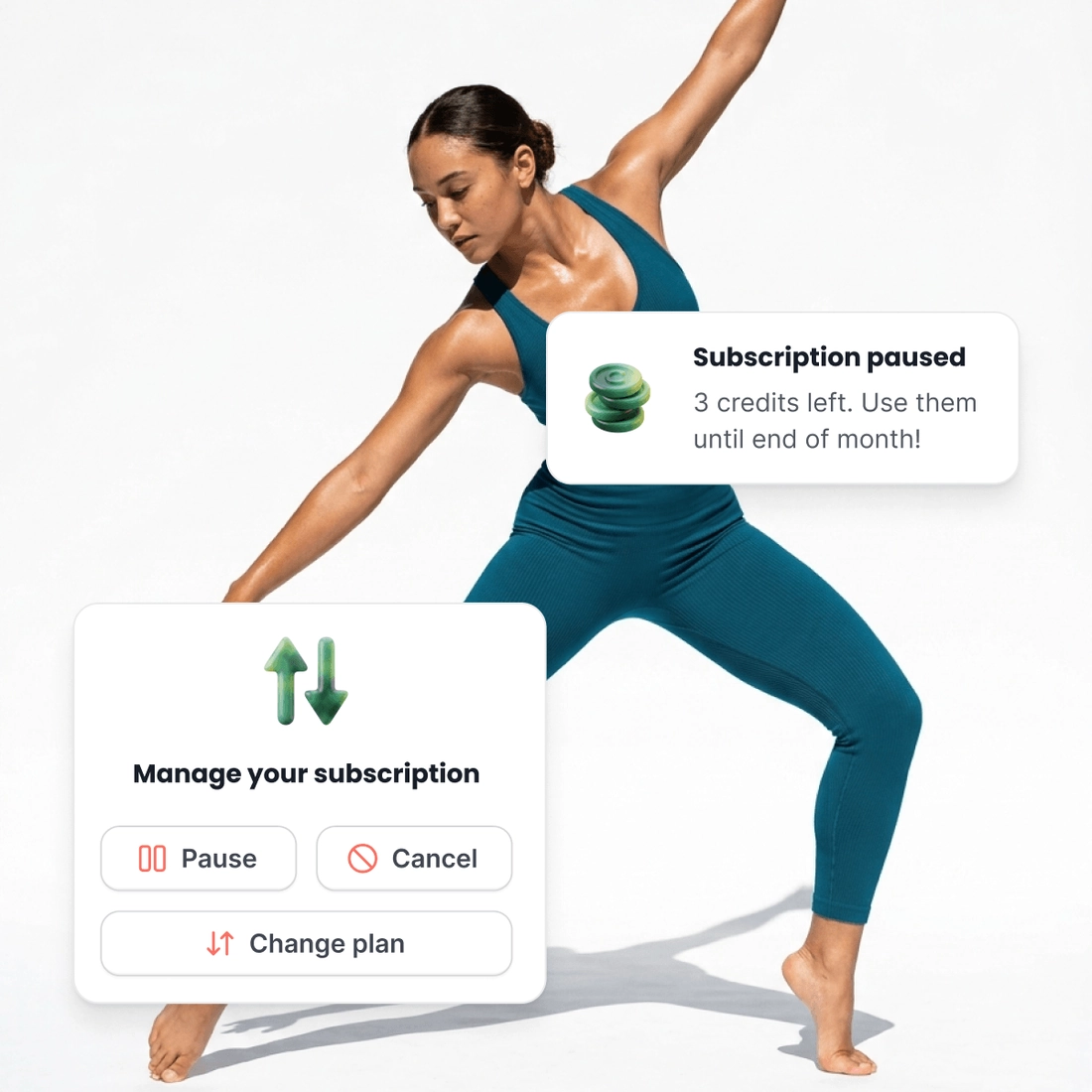 A dancer in a wide lunge, beside a plan put on hold with the credits left on it, and the buttons a parent manages it with.