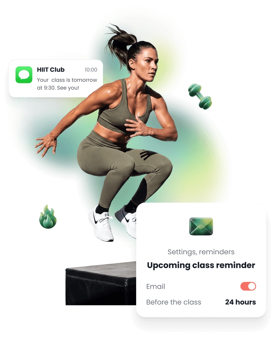 A HIIT class member mid jump, with a text about tomorrow’s class beside her and the setting that sent it, on for email, a day before.