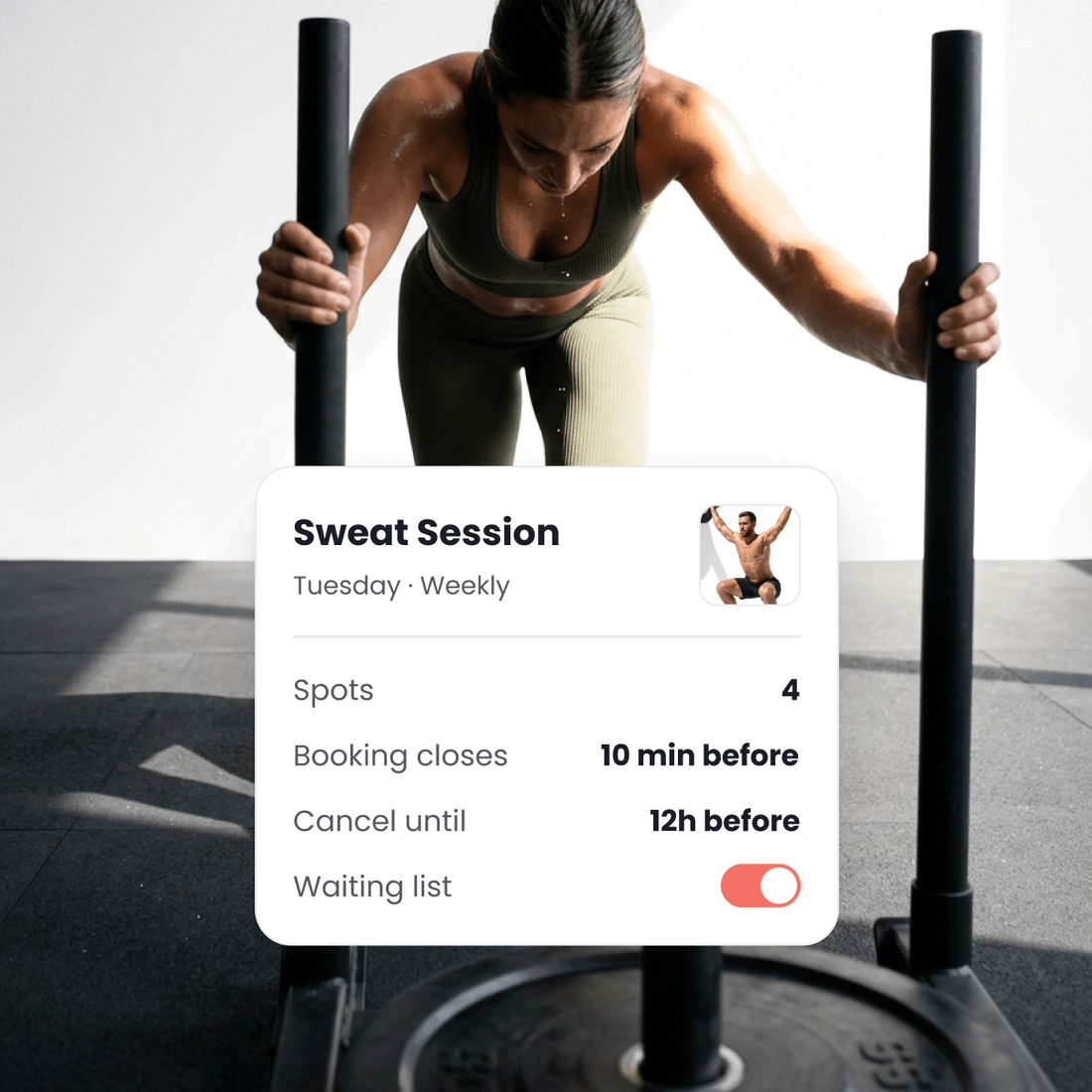 An athlete pushing a sled, beside the class it belongs to, the spots it holds, how late somebody may book it and the waiting list behind it.