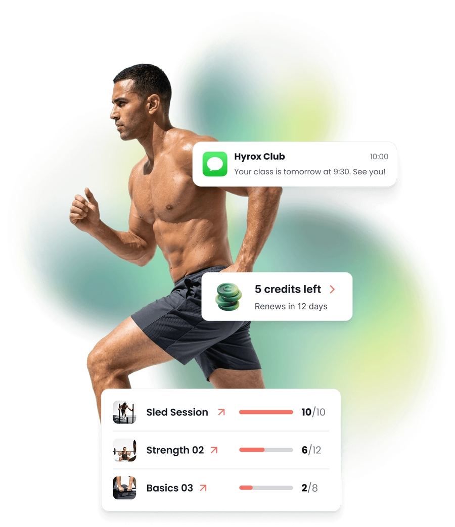 A runner mid stride, with the reminder that went out before his class, the credits left on his plan, and the classes on the week filling up.