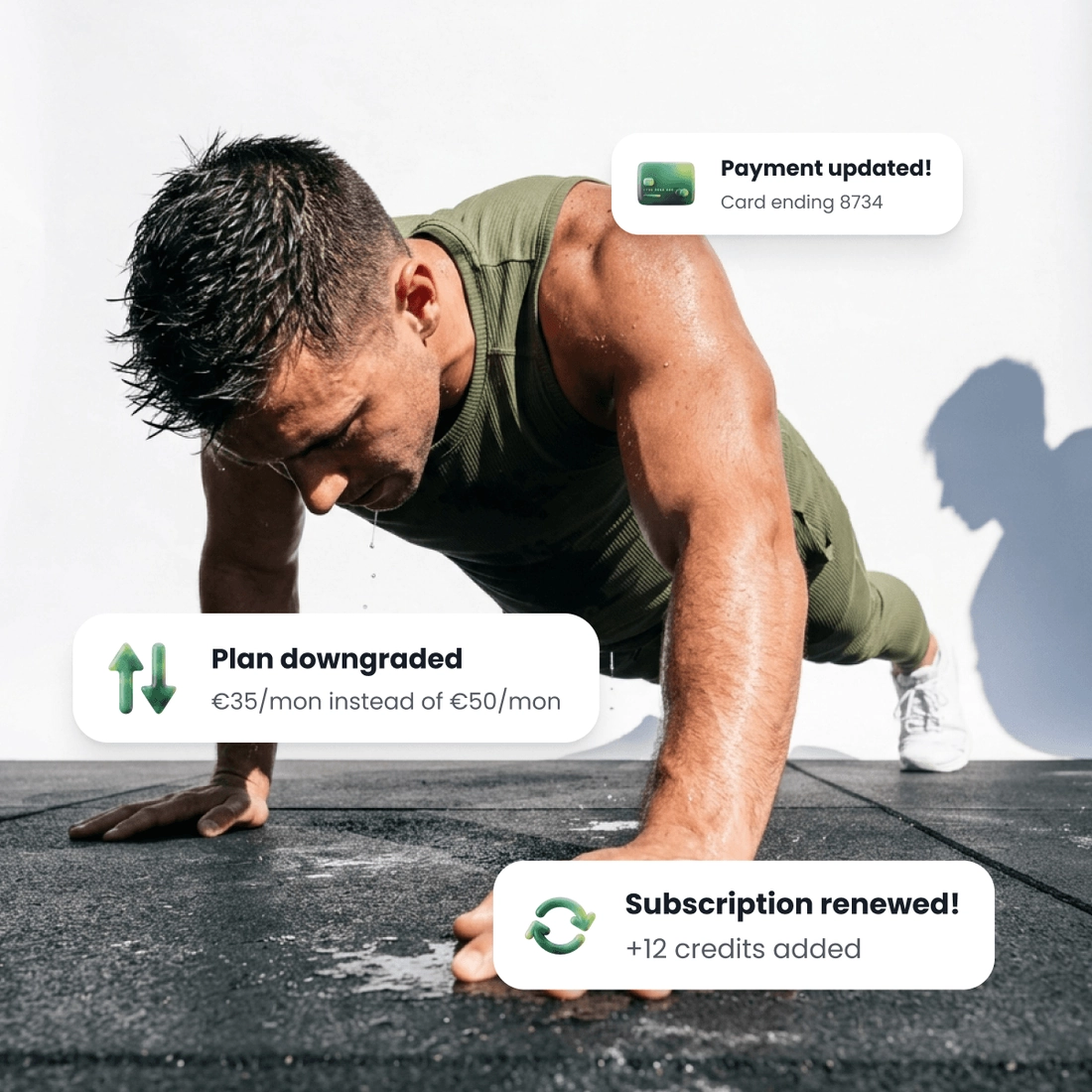 An athlete holding a press-up on the floor, with a card updated on file, a plan moved to a smaller one, and the renewal that added credits.