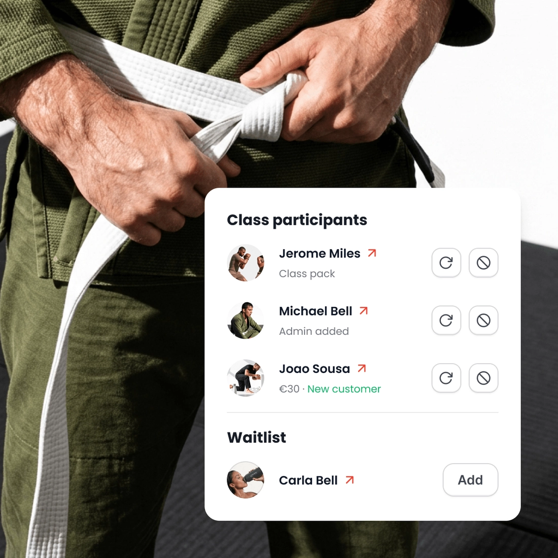 A student tying a belt, next to the people in one class, how each one booked, and the waiting list.