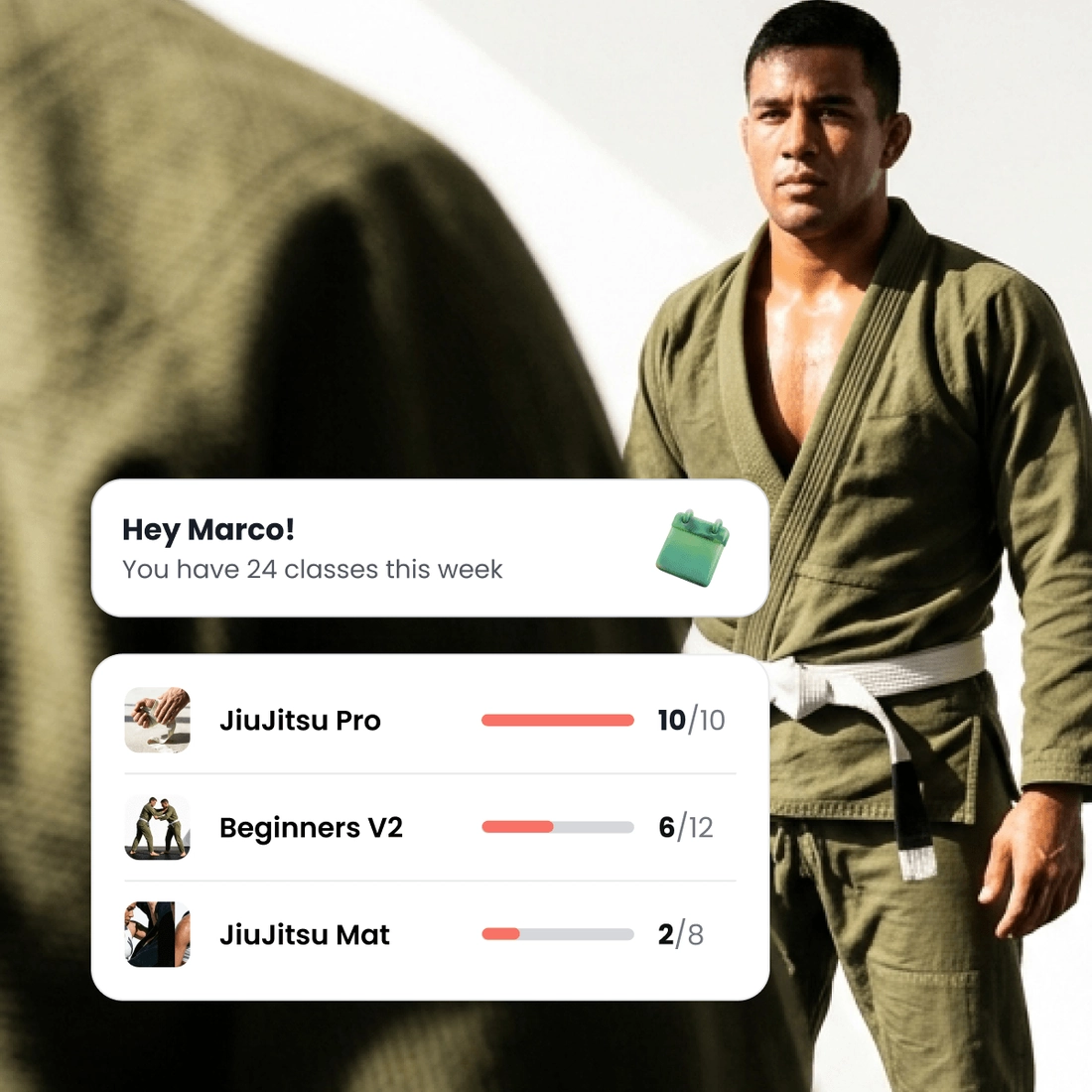 A student in a gi, next to a coach’s classes this week and how full each one is.