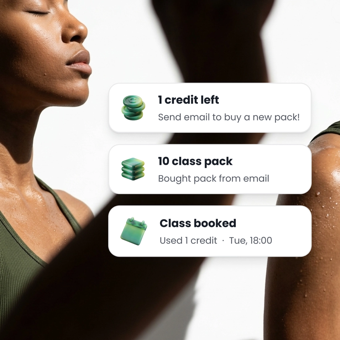 A woman with her eyes closed after class, beside the last credit on her pack, the message that sold the next one, and the booking that spent it.