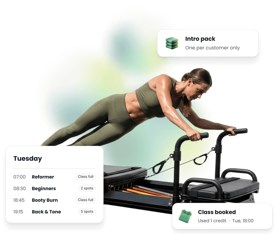 A woman holding a plank on the reformer, with an intro pack one customer may buy only once, a Tuesday of classes showing the spots left on each, and a class booked with one credit.