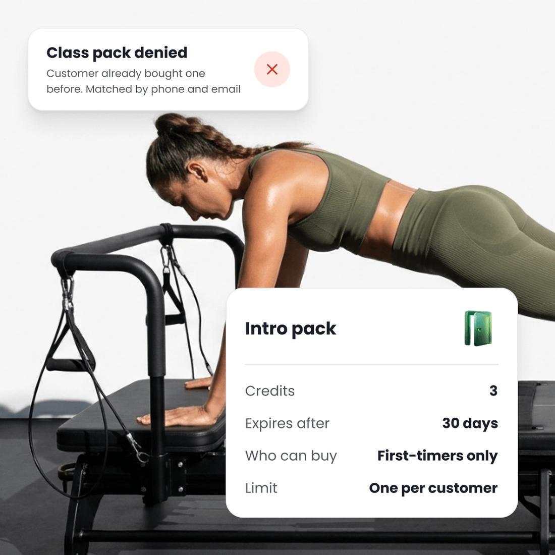 A woman holding a plank on the reformer, beside an intro pack only a first-timer may buy, once, and a second purchase turned away on the email and phone number behind it.