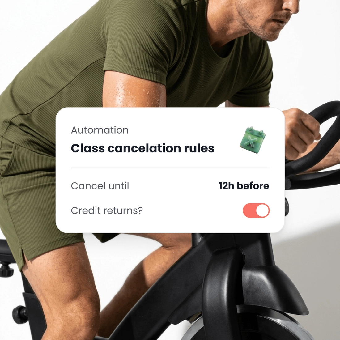 A rider out of the saddle, beside the cancellation window the studio sets and the switch that sends the credit back.