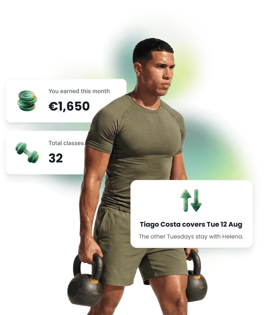 A strength coach carrying kettlebells, beside what the month has paid so far, how many classes it covered, and one date another coach takes.