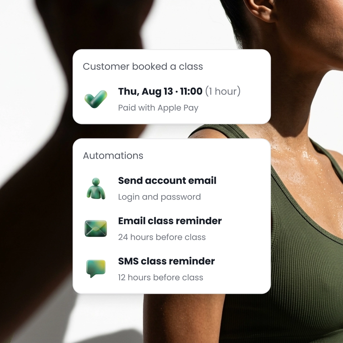 A close view of a customer mid class, beside the booking that came in and the messages it sends on its own, the account, the email and the text.