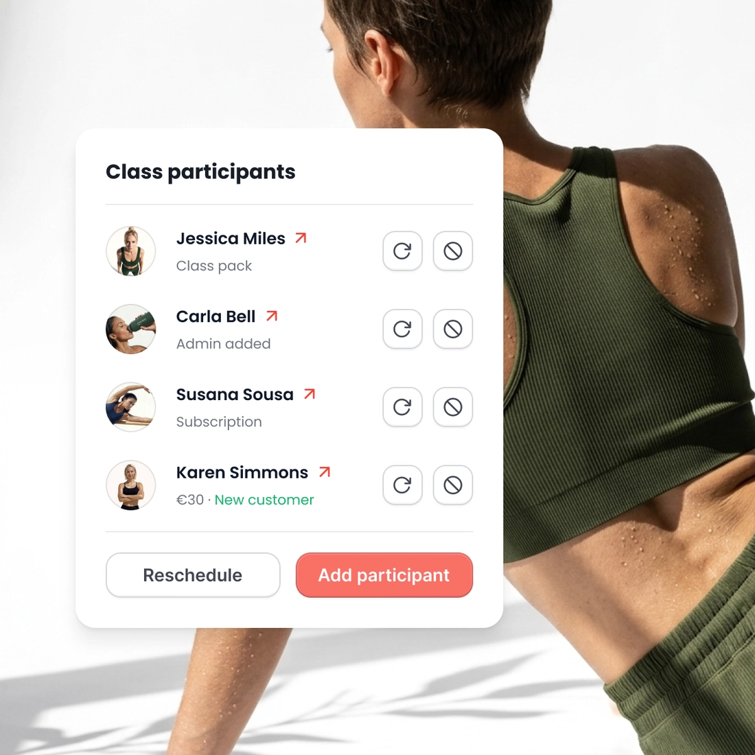 A woman mid stretch with her back to the room, beside the list of who is in the class, one of them added by the studio, and the button that adds another.