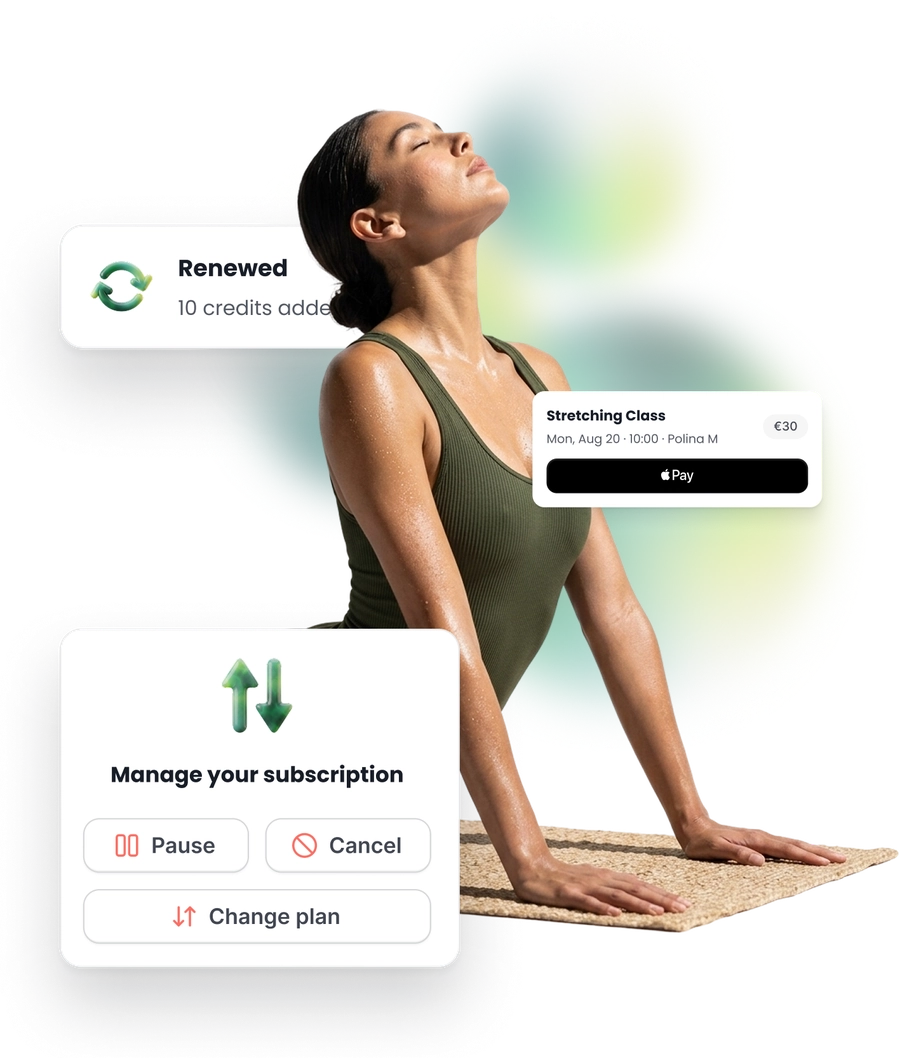 A woman in an upward stretch on a mat, with a plan renewed beside her, the class she booked and paid for, and the buttons she manages it with.