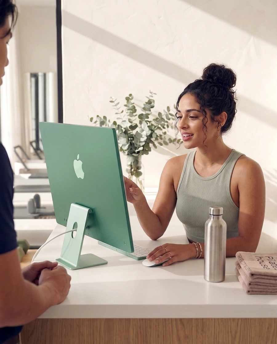 A studio owner at the front desk, being shown the software on the desk computer.
