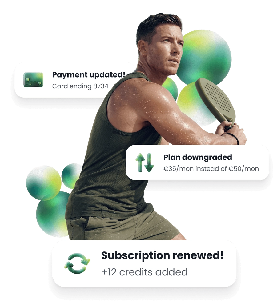 A padel player mid swing, with a card updated on file beside him, a plan moved to a smaller one, and a renewal that added credits.