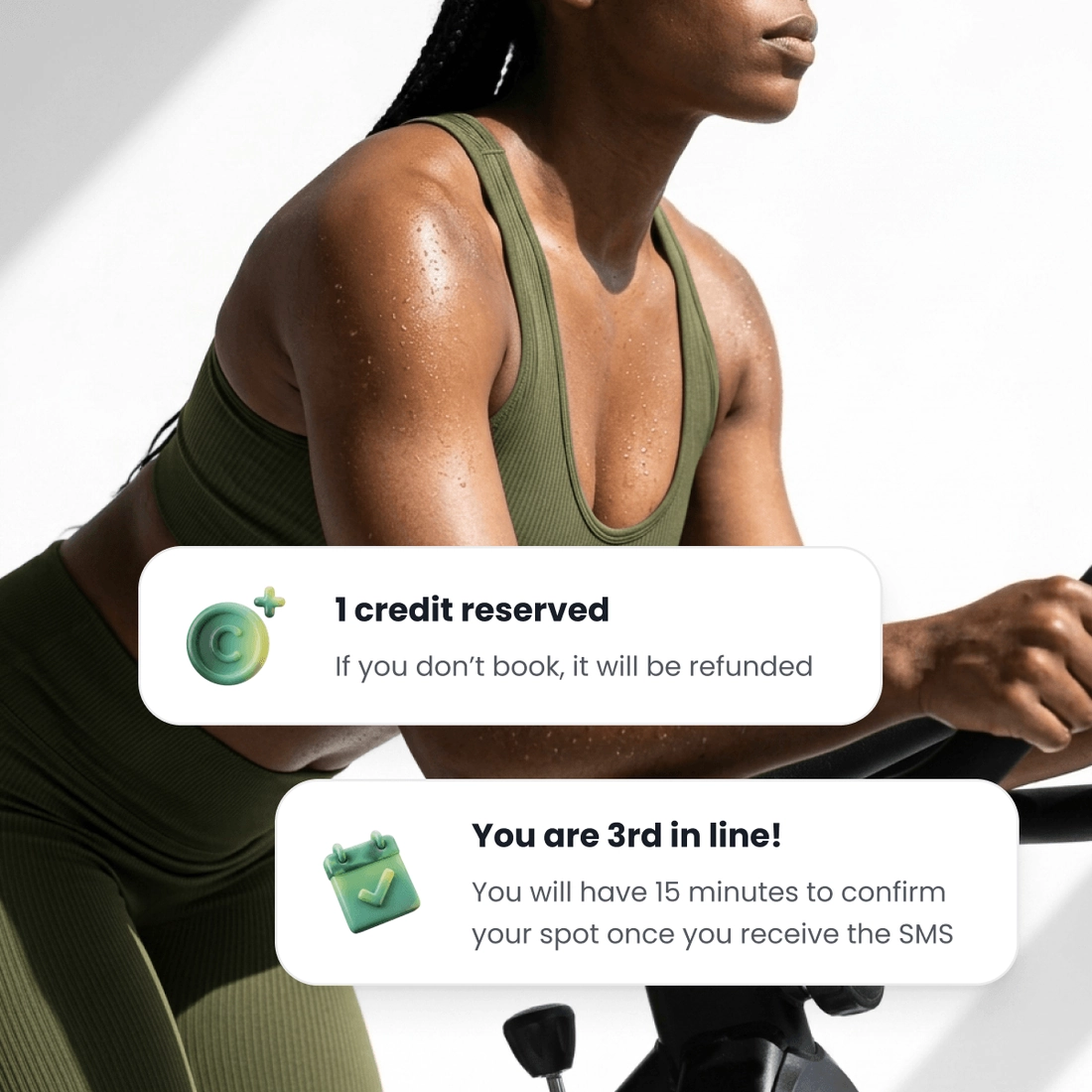 Two cards over a spin class: one credit reserved and refunded if no booking follows, and the customer’s place in the line with the time she gets to confirm once the message arrives.