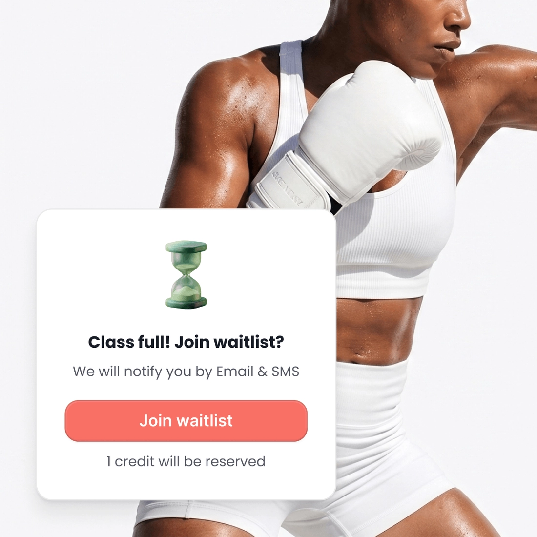 A card over a boxing class saying the class is full, with a button to join the waiting list and a line under it saying a credit will be reserved.