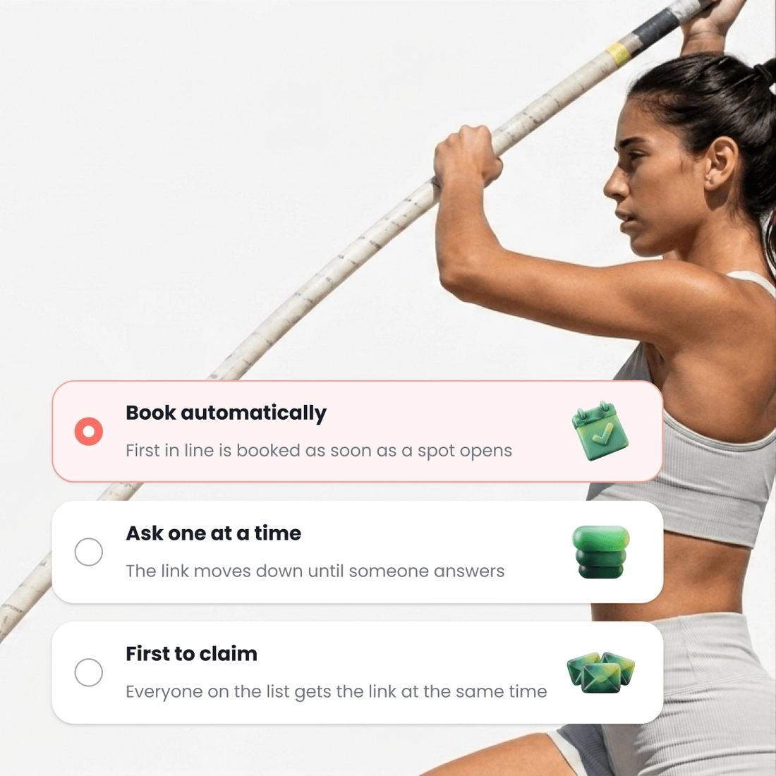 Three settings for a spot that frees: book the first person in line automatically, ask one person at a time, or send the link to everyone on the list at once.