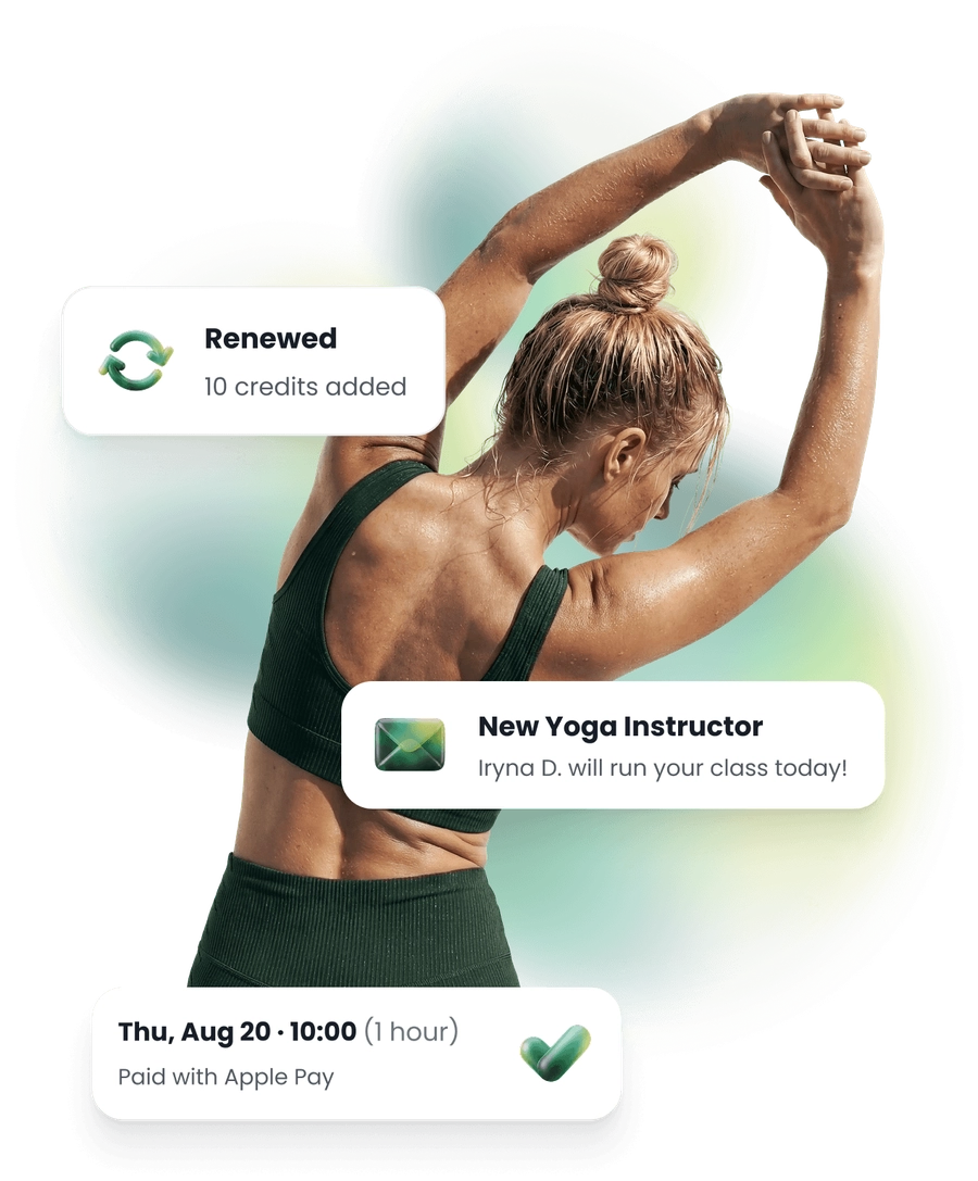 A woman reaching overhead in a side stretch, with a plan renewed and credits added, a teacher covering her class, and the class she paid for on her phone.