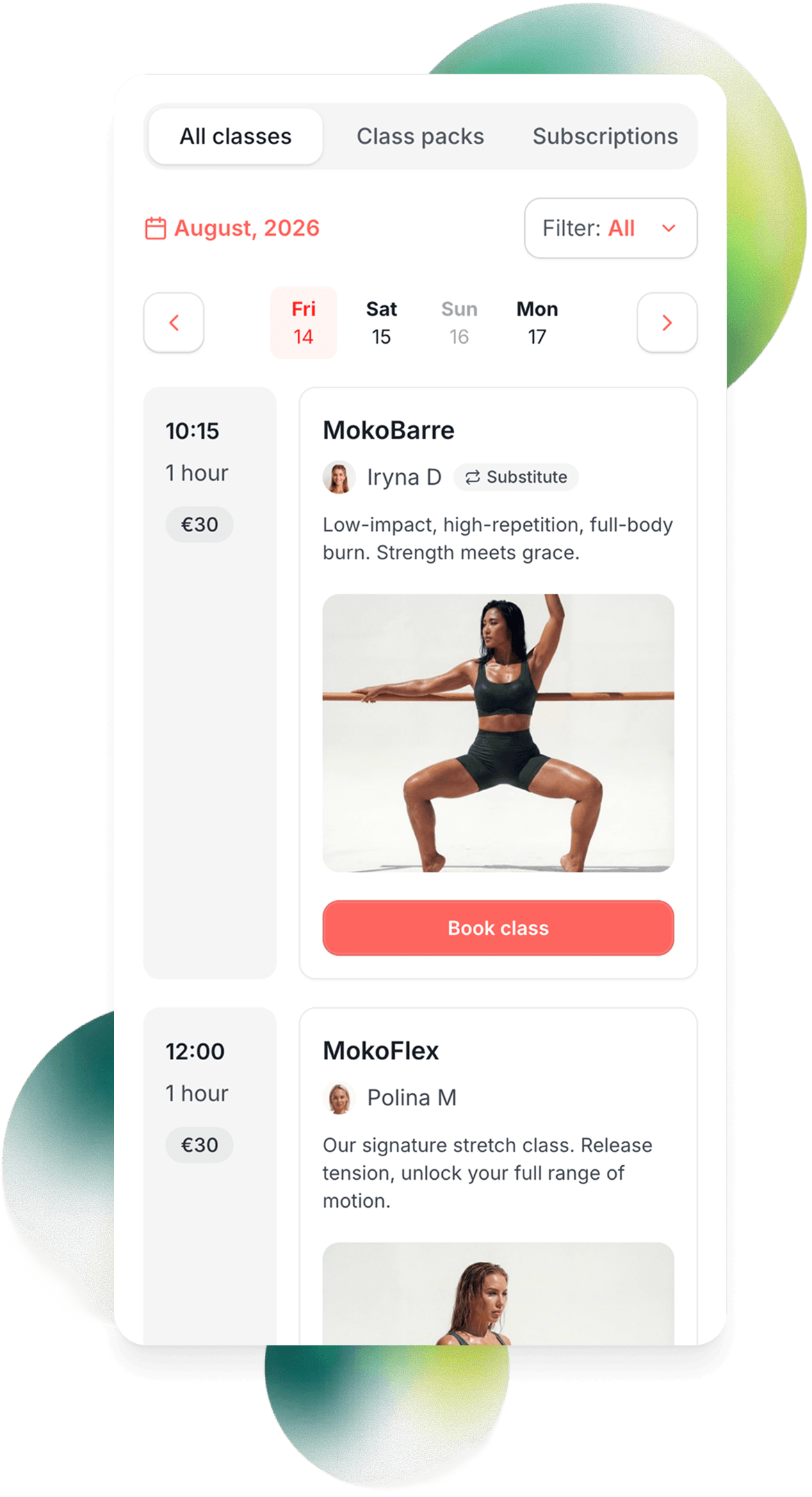 MokoBoko’s booking page: a Friday of classes with times, prices and instructors, each with a Book class button.
