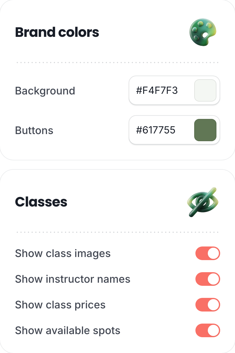Two settings cards. One sets the colors of the background and the buttons. The other has switches to show or hide class images, instructor names, prices and the spots left.