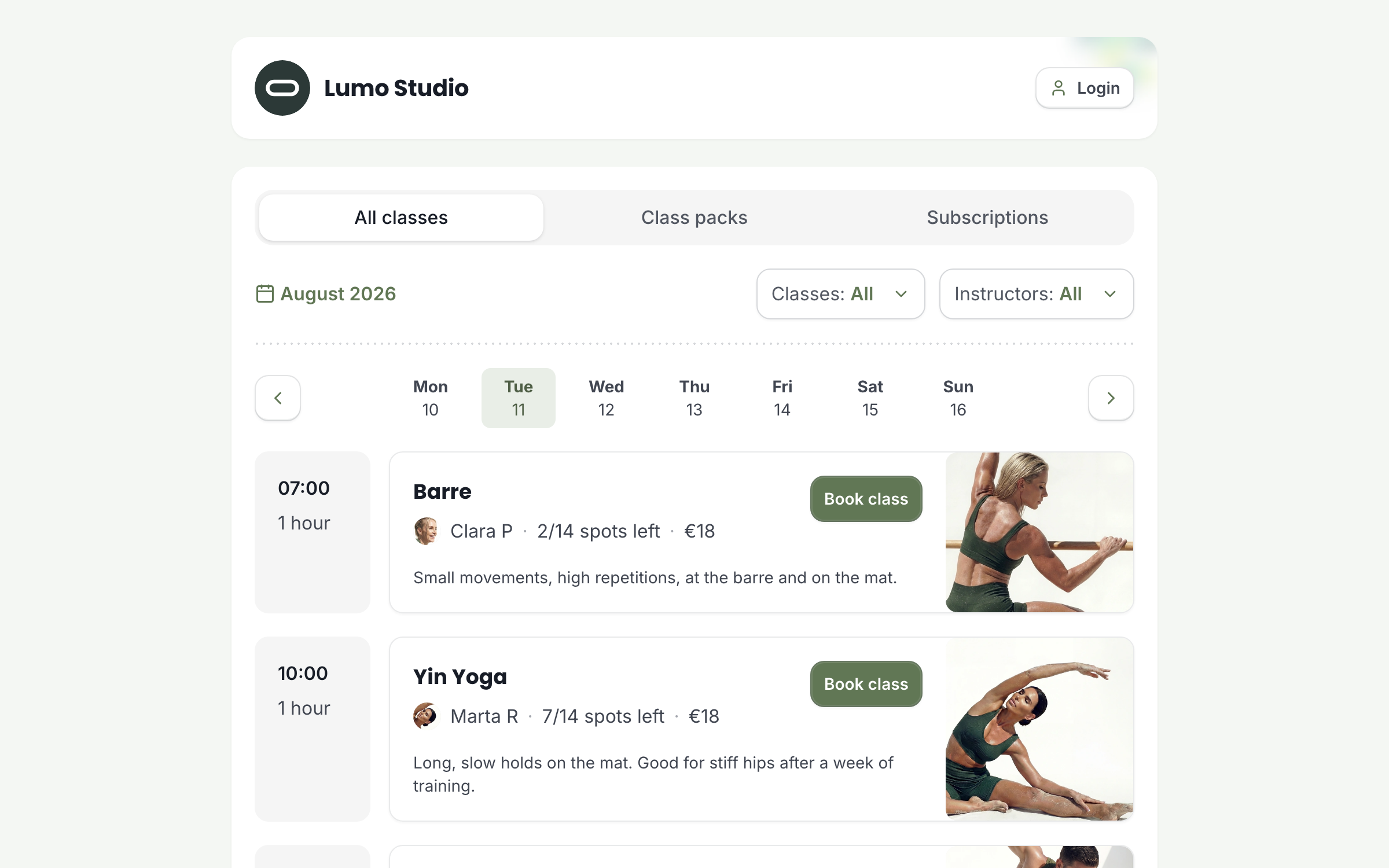 A studio’s booking page on a laptop in the studio’s own green, showing one day of classes. Each class has a photo, the instructor, the spots left, the price and a button to book.
