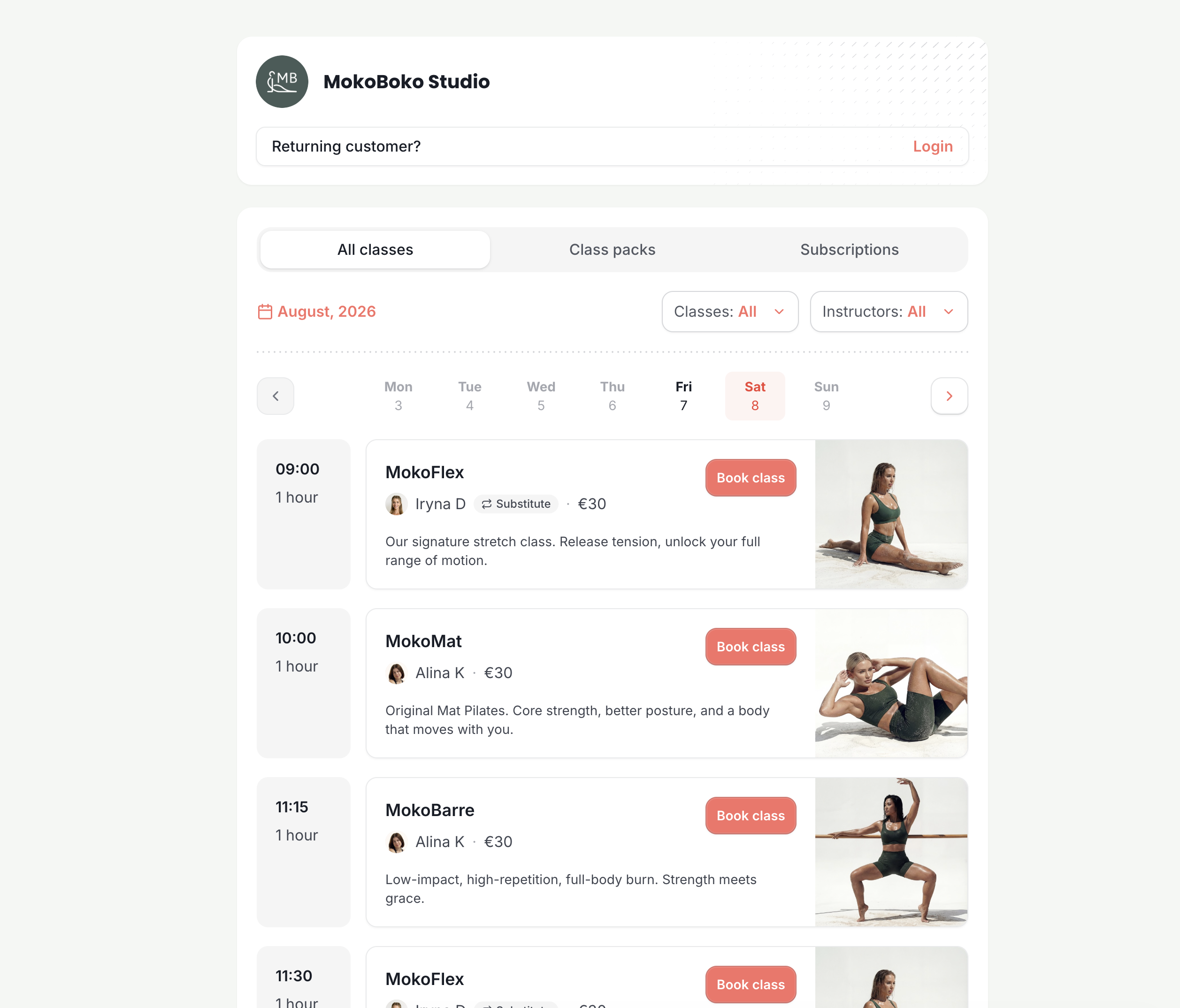 The public booking page for a studio, showing a week of classes with photos, prices, the instructor on each and a book button.