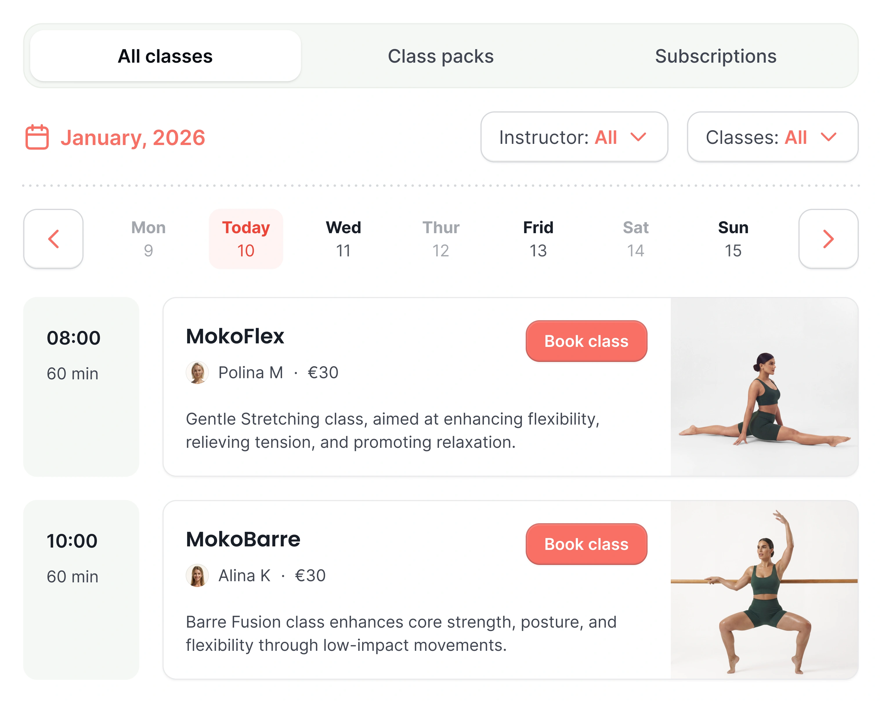 A studio booking page showing a week of classes with photos, prices and the instructor teaching each one.
