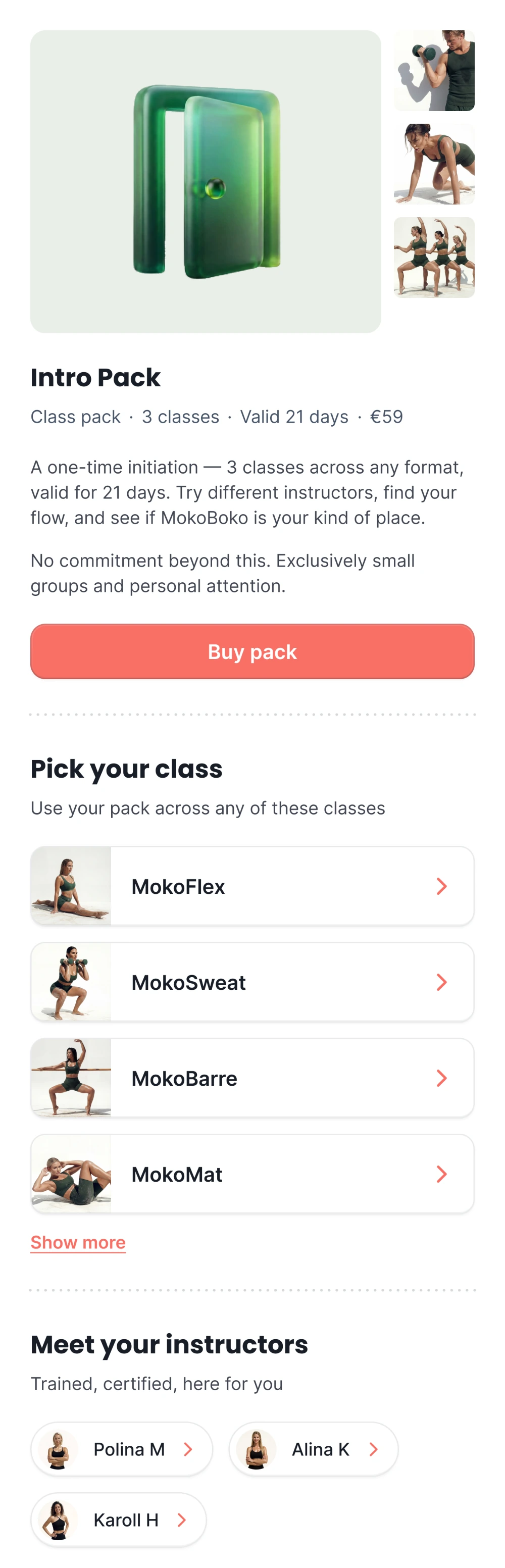 An intro pack on the booking page, showing its price, how long it lasts and the classes it can be spent on.