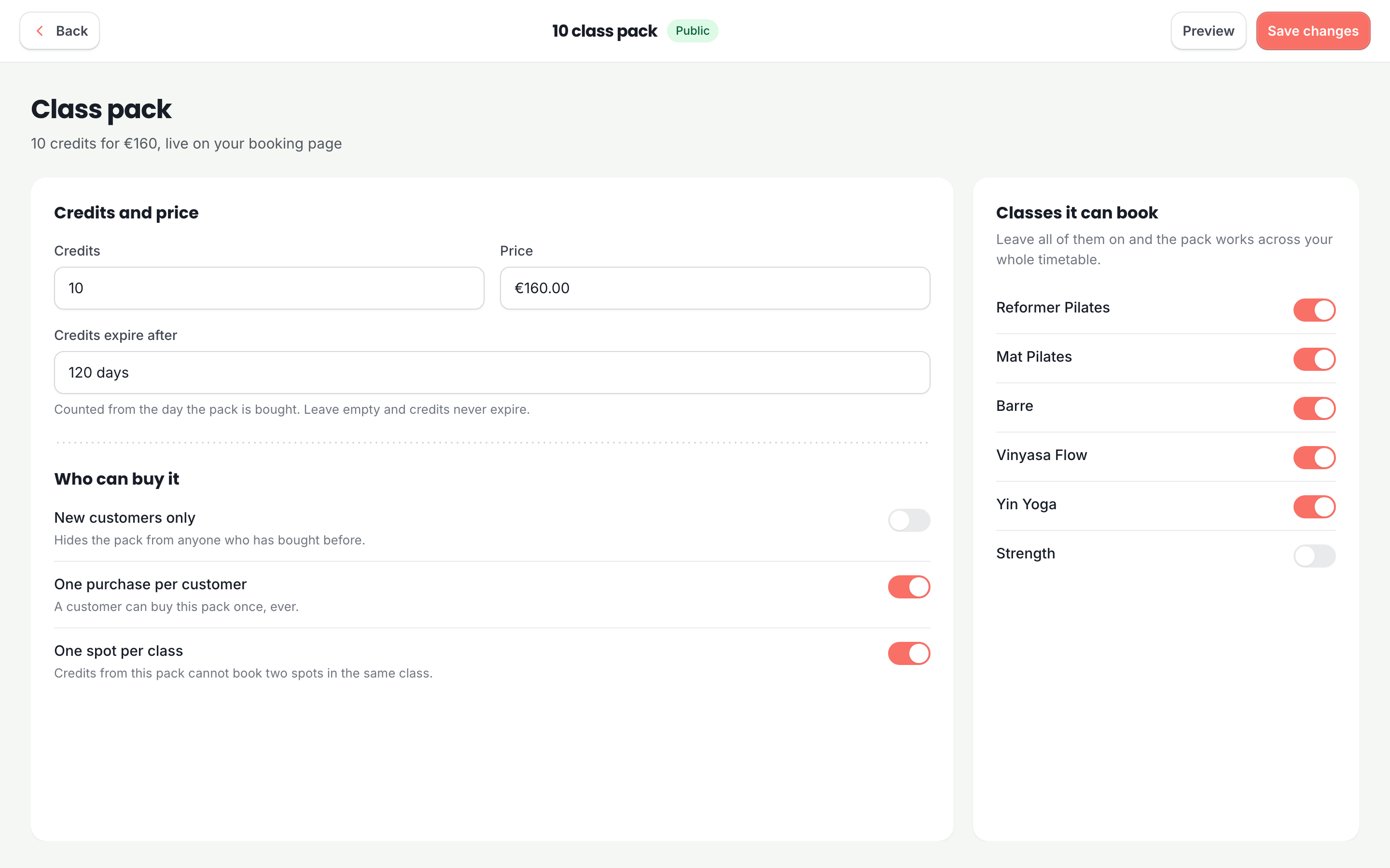 The setup for a class pack, with the number of credits, the expiry and the first-timers-only rule.