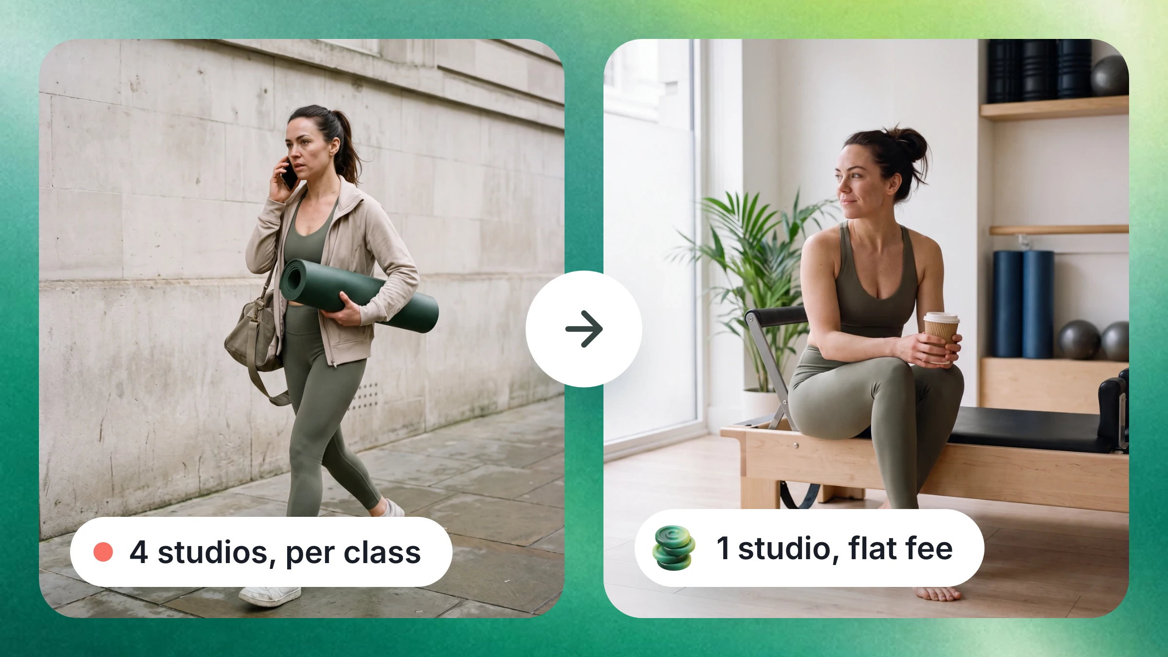 Two photos of the same instructor. On the left she hurries down a street with her mat, marked 4 studios, per class. On the right she sits calm in one studio with a coffee, marked 1 studio, flat fee.